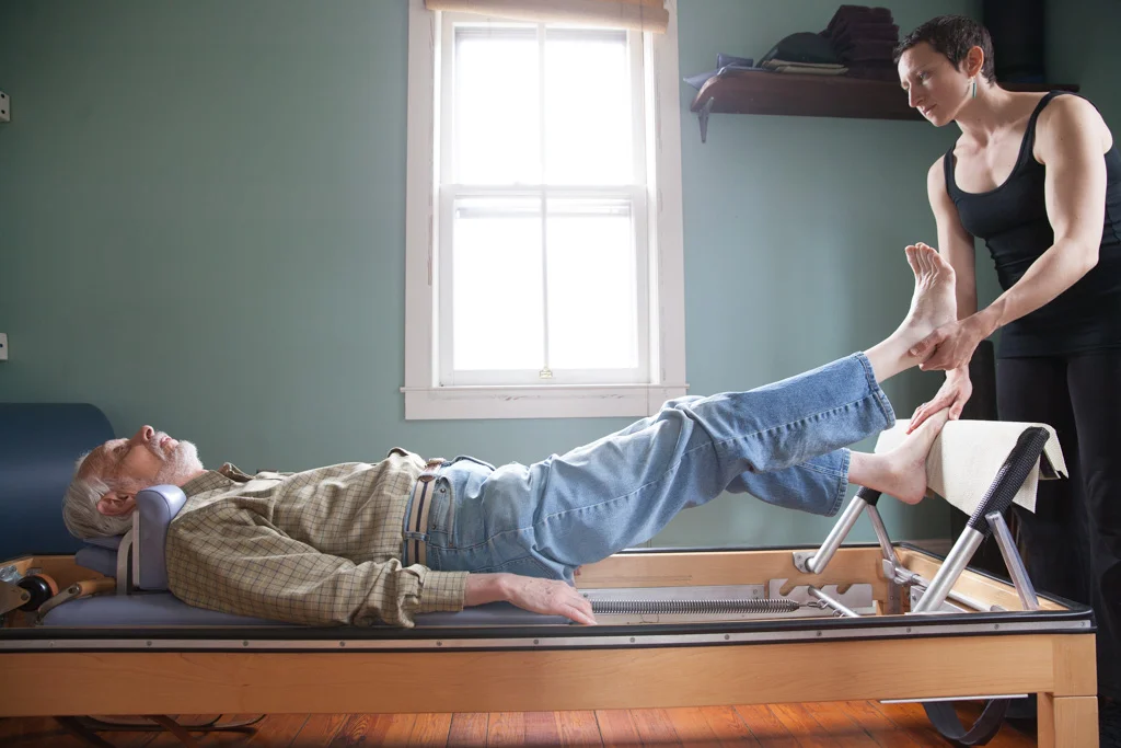 This client has been studying Pilates for over 30 years and is now in his late 80s. He does private Pilates lessons three times a week.