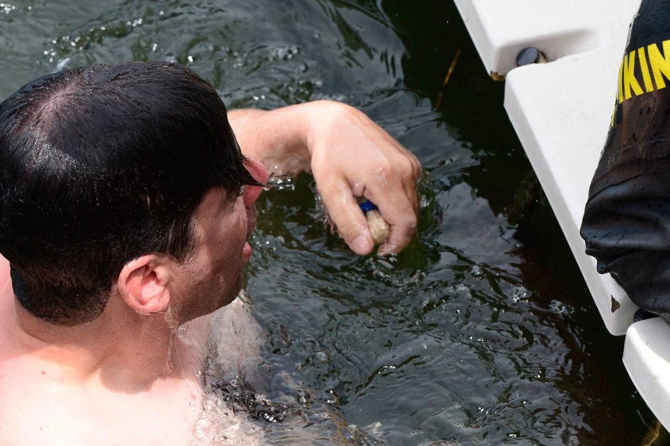 The hero of the day, and some guy swimming.