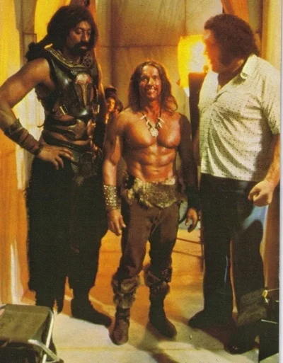 Wilt Chamberlain, Arnold Schwartzenegger, and The Giant on the set of Jingle All the Wa -- sorry, that's Conan the Destroyer .