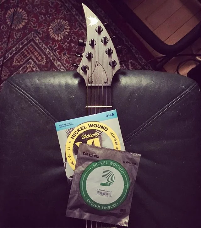 Playing a 7 string is cool and all, but finding the right set of strings is incredibly difficult, mostly due to the fact that the  7th string is always too light. I play in drop A, so my solution is to grab a pack of #daddario 46-9&rsquo;s and a sing