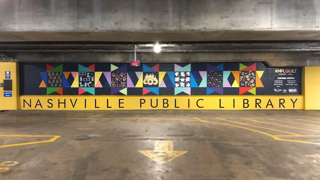 Through funding provided by an AkzoNobel Paint Company grant awarded to the Creatives' Day organization, we worked with seven college bound young women to transform the downtown public library's garage by installing the NPL Quilt. This community mural features artwork created by our students in a series of workshops. Each student received a $700 scholarship for their participation, provided by AkzoNobel. The 468 sqft wall is located on the fourth floor of the library's parking garage downtown. Special thanks to Metro Arts, Oasis Center, NPLStudio, Creatives' Day, AkzoNobel, and Public Works for pulling together and making this possible.