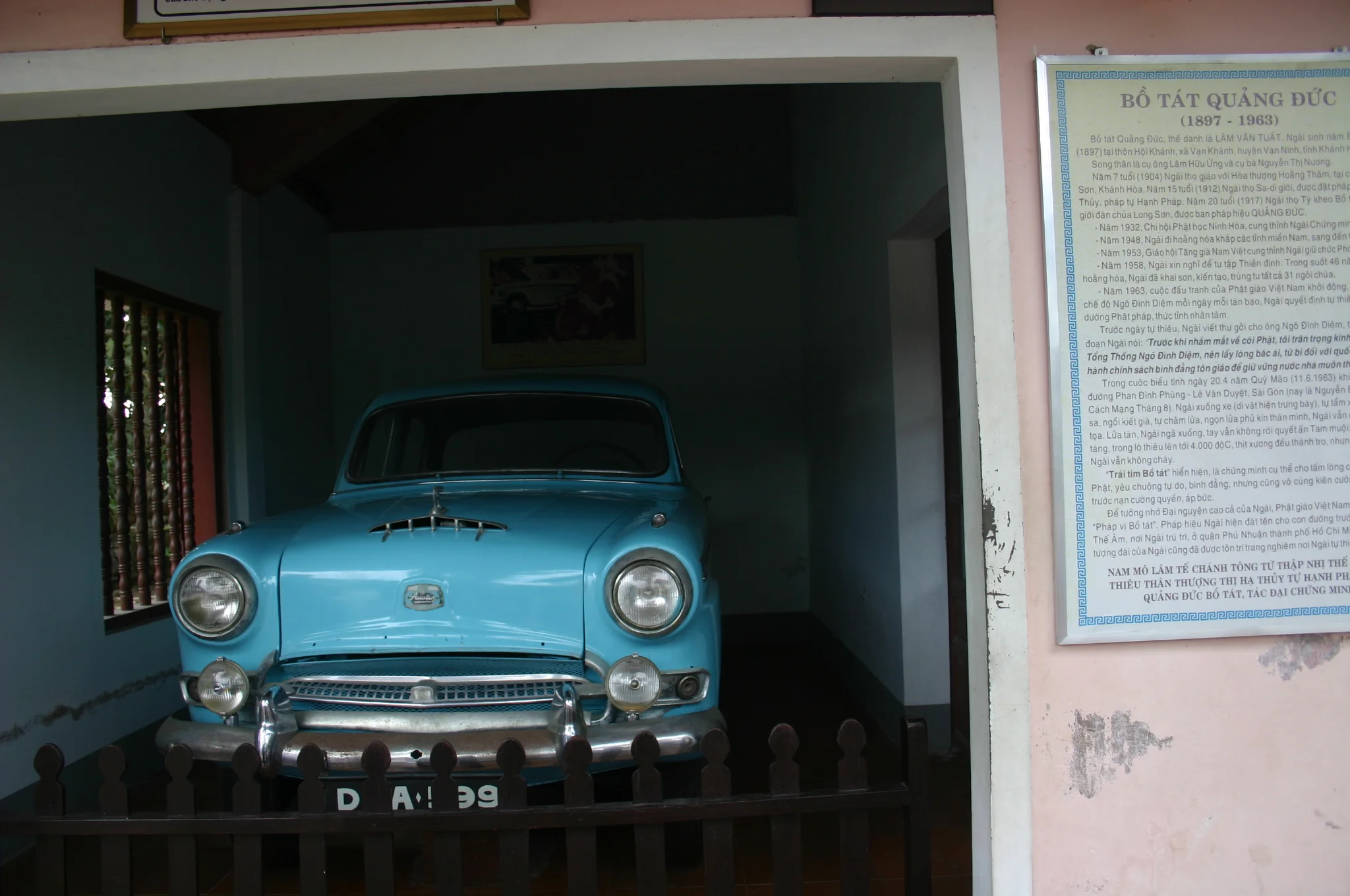 The car used by the monk who drove to Saigon and immolated himself in protest of the policy of forced conversion to Catholicism ordered by the South Vietnamese government.