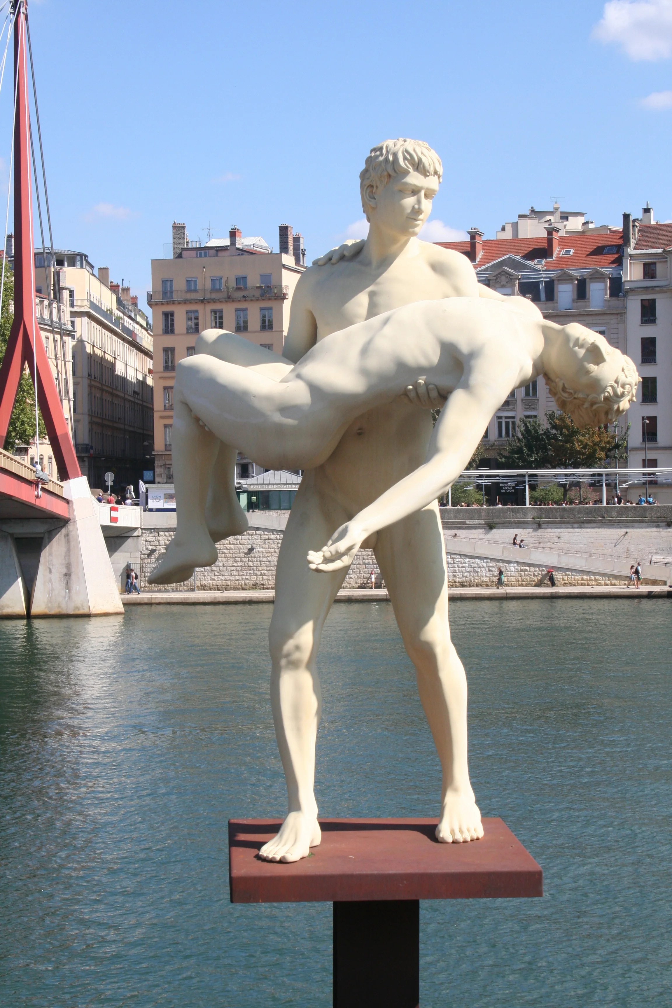  "The Weight of One's Self" is set along the Saone River, next to the pedestrian bridge and in front of the Palace of Justice.&nbsp; Although at first it appears to be a man heroically saving another, the man is actually carrying himself. The artists