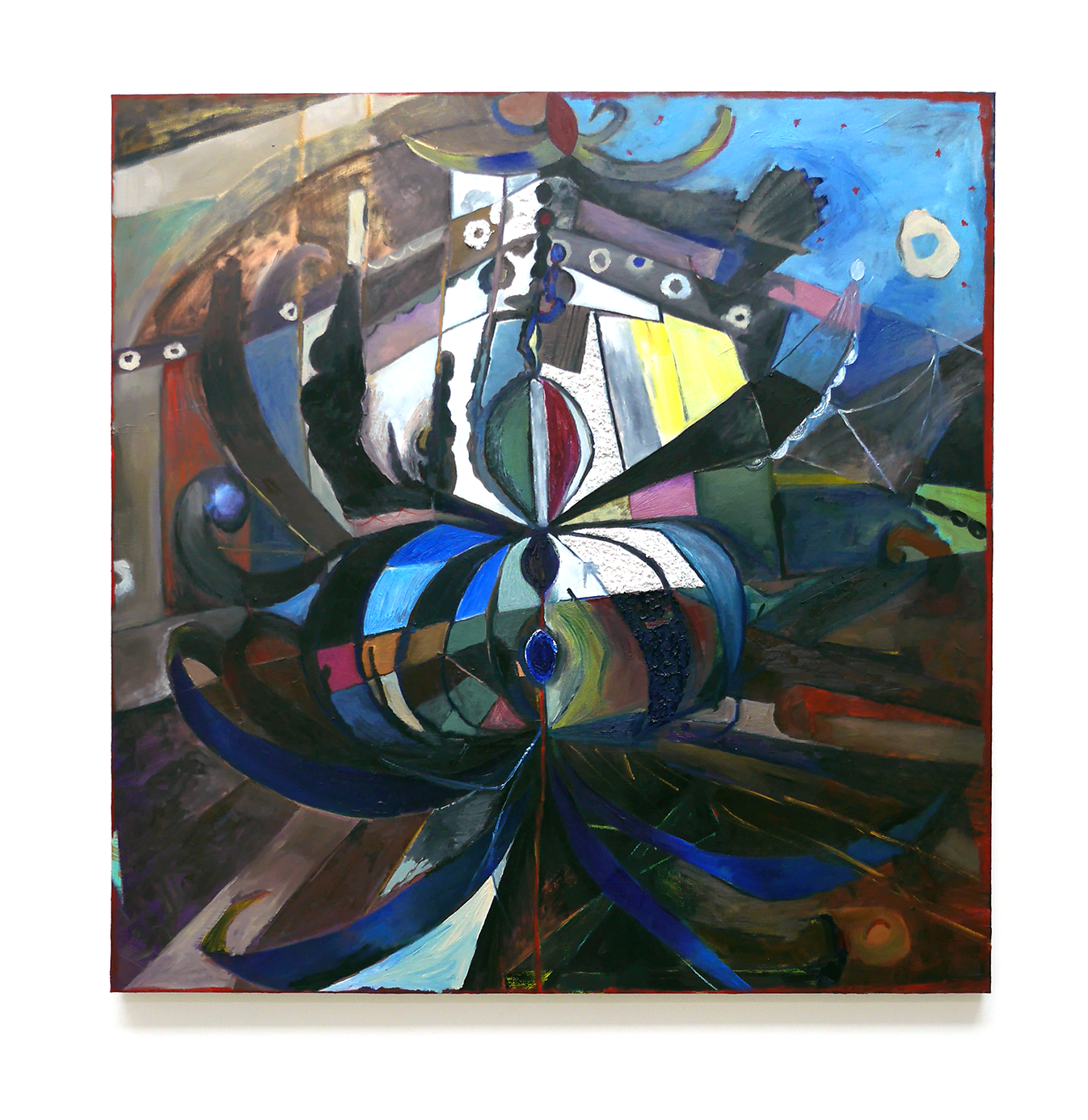 Fooling around with the longleg, oil and mixed media on canvas, 110 x 108 cm/ 43 x 42 in, 2018.