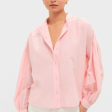 Woman wearing a light pink, long-sleeved, button-up blouse with a collar.
