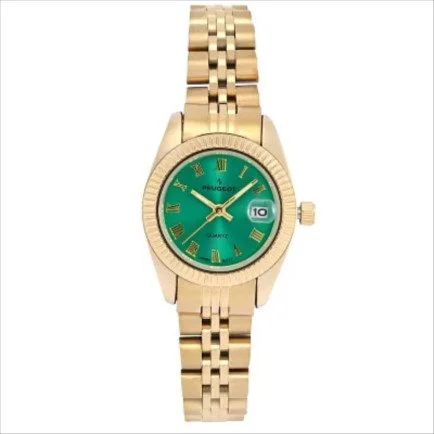 Gold wristwatch with a green face and Roman numeral hour markers.