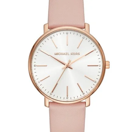 Michael Kors wristwatch with a pink leather strap and a white dial with rose gold accents.
