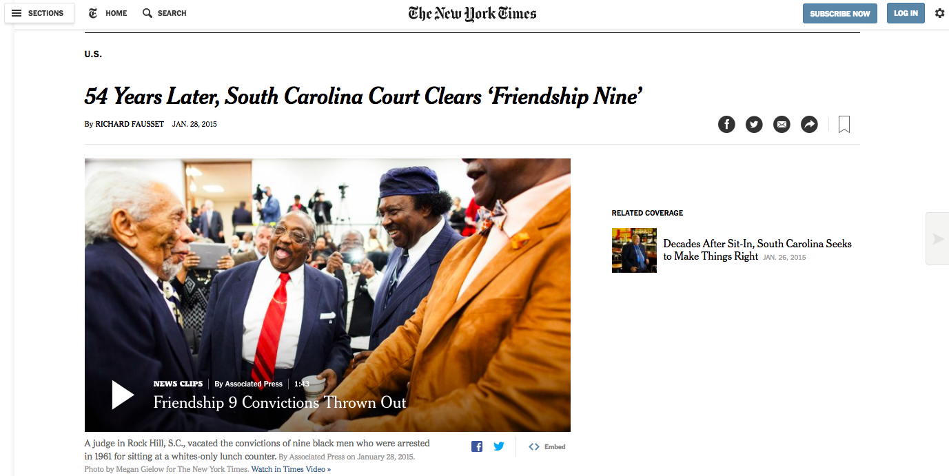 New York Times: 54 Years Later, South Carolina Court Clears ‘Friendship Nine’