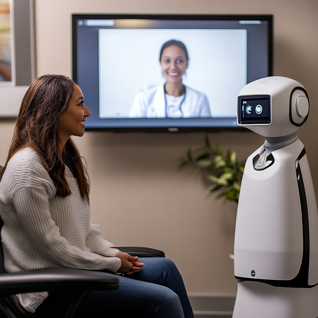 Highlight how robots enable remote consultations and patient care.