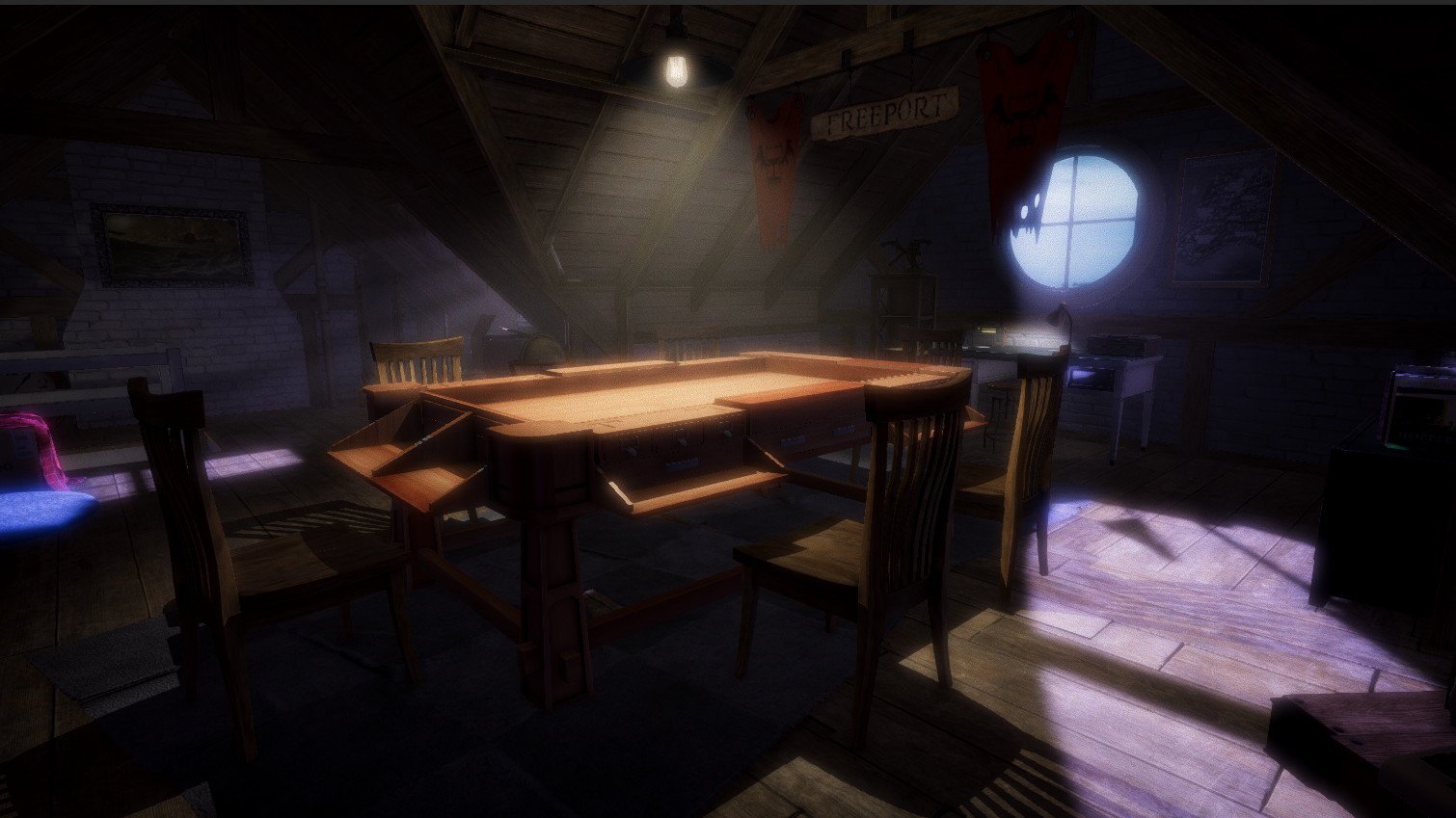 Fully designed custom attic It's virtual tabletop the way you deserve: in a virtual attic with a virtual table! Design of the table was inspired by actual gaming tables that you (probably) can't afford.
