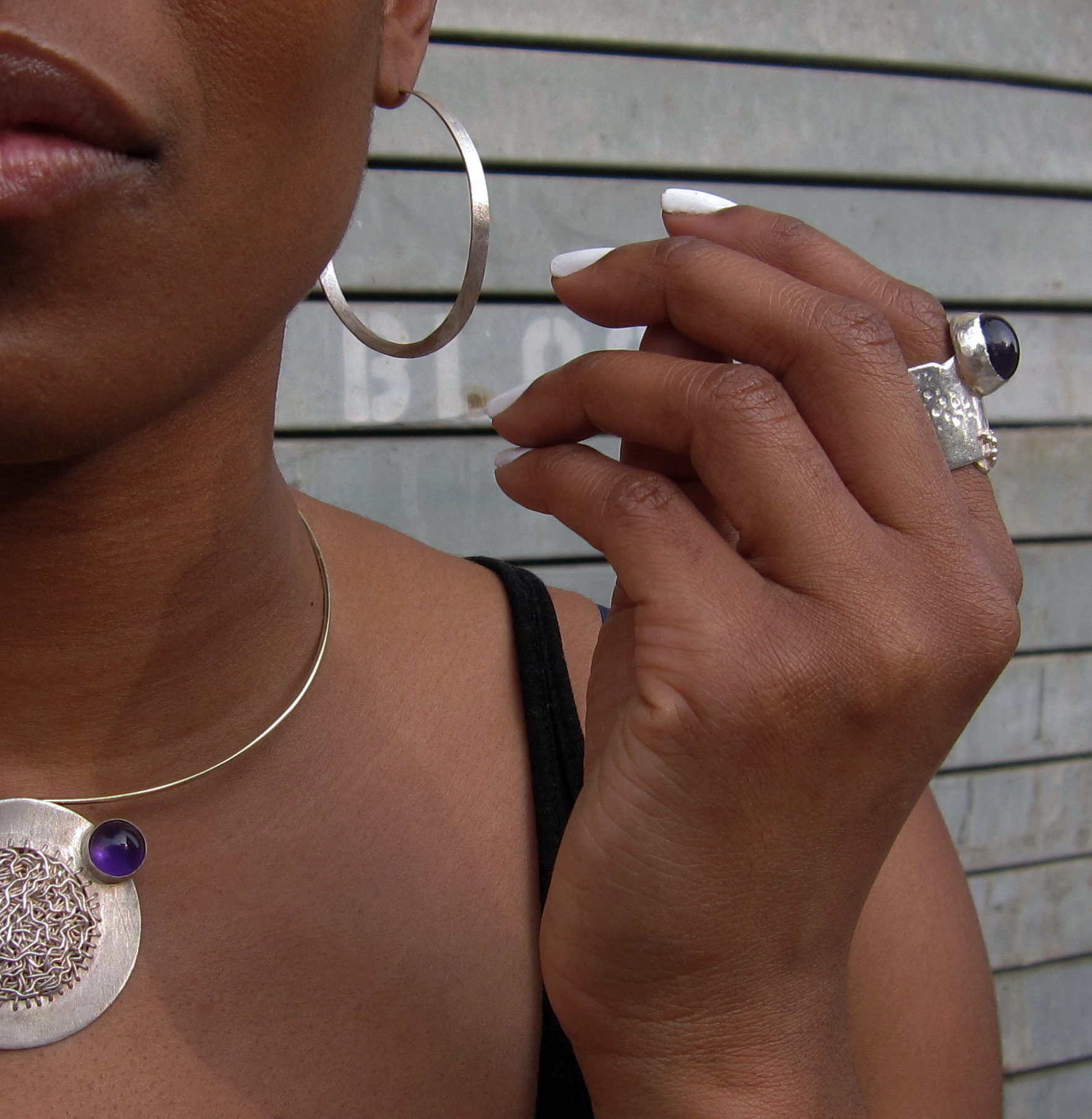 Singer Tomi Townsend wears Maddalena Bearzi one of a kind organic jewelry in Los Angeles, California