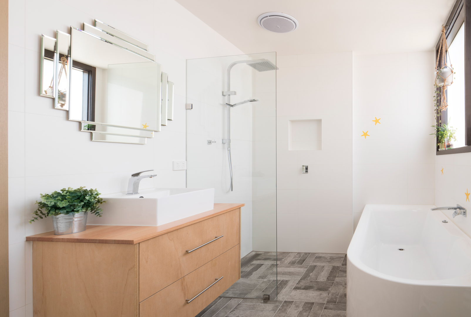  Bathroom with flush entry sunken shower, Plywood vanity with Victorian Ash Top and frame-less shower screen.    Photography by Charlie Kinross 