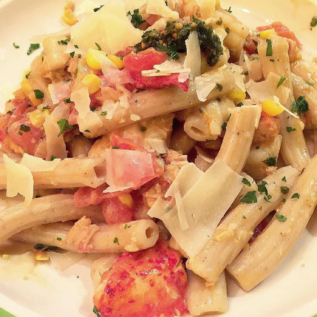 Lobster & Prawn pasta from the Blue-Eyed Crab in Pymouth, Mass, USA
