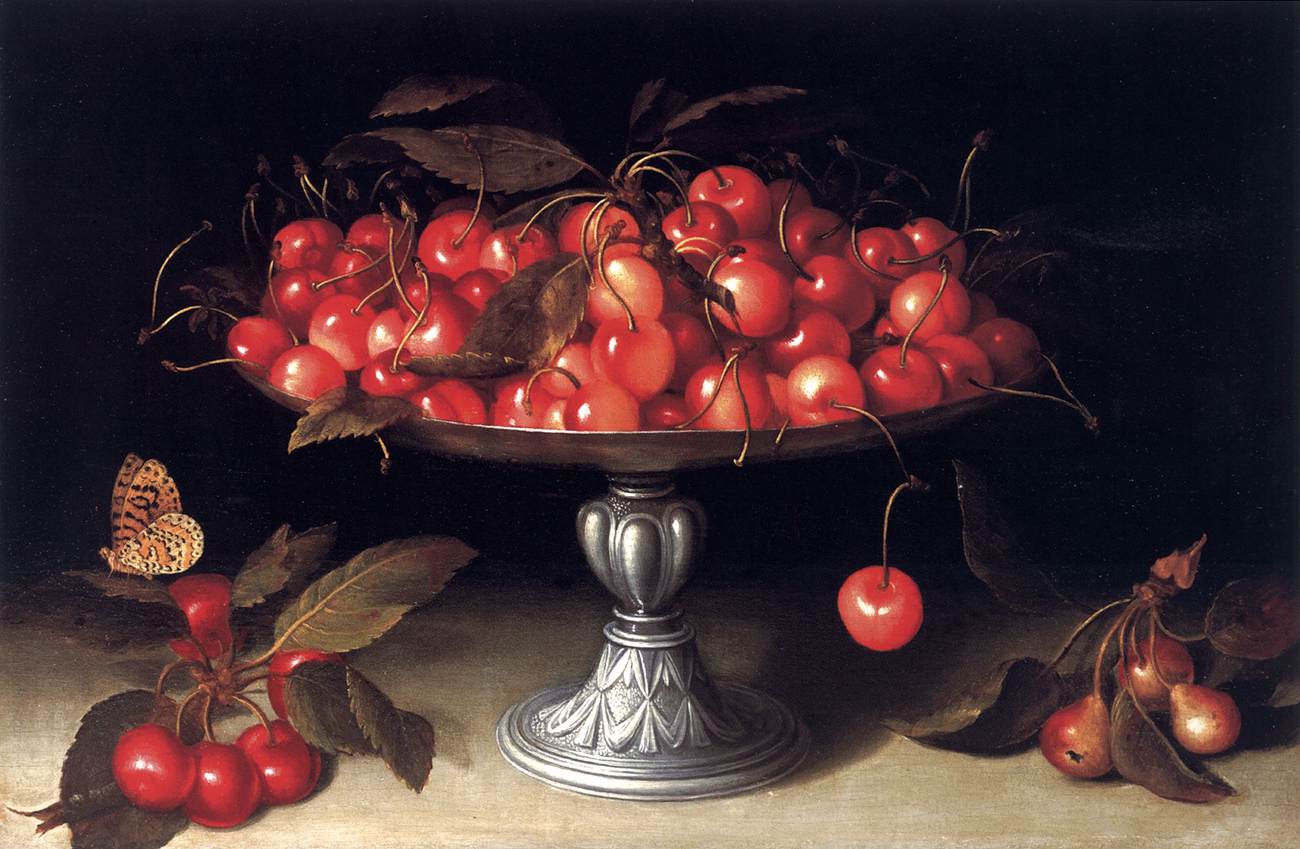 Fede Galizia - Cherries in a Silver Compote with Crabapples on a Stone Ledge and a Fritillary Butterfly, 1610.