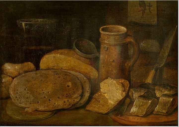 Hieronymus Francken the Younger or Hieronymus II - Still life with pottery, herring and pancakes, a print of an owl on the wall, 1604