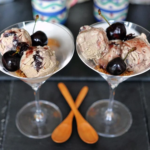 Coffee, black cherry & black pepper ice cream on amaretto biscuit crumb base with black cherries @SmyGoodness