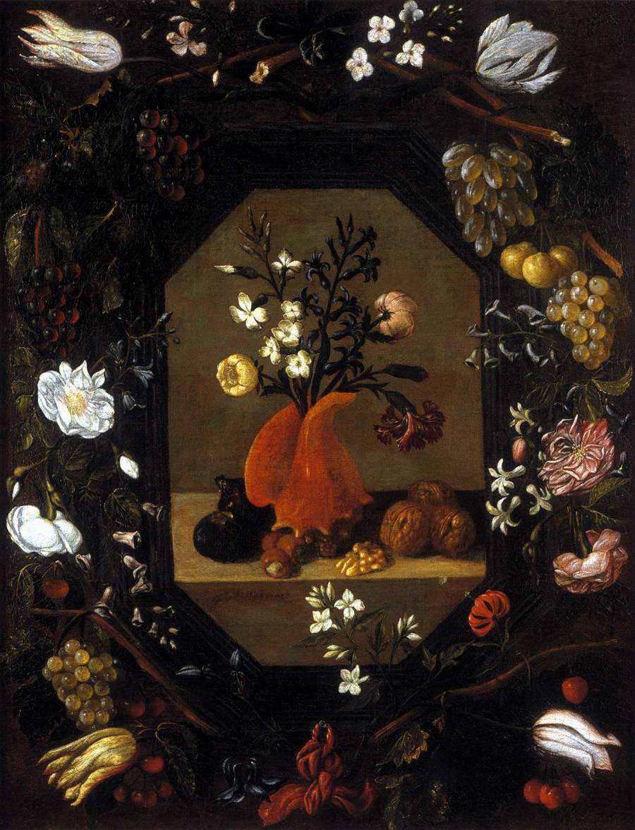Juan Bautista de Espinosa (1590–1641) A Bouquet of Flowers in a Conch Shell with Nuts and Figs Surrounded by a Wreath of Flowers and Fruit, c. 1645