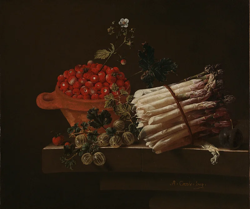 Still Life with Asparagus, a Spray of Gooseberries, A Bowl of Strawberries and Other Fruit in Niche, 1703 Dutch artist Adriaen Coorte (ca. 1665 – after 1707)