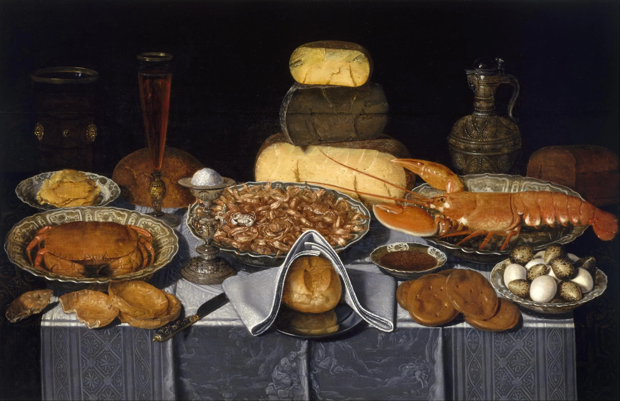 Clara Peeters, Still Life with Crab, Shrimps and Lobster, 1635-1640 Oil on wood, w108.9 x h70.8 cm (image - The Museum of Fine Arts, Houston, gift of the Enthoven Foundation)