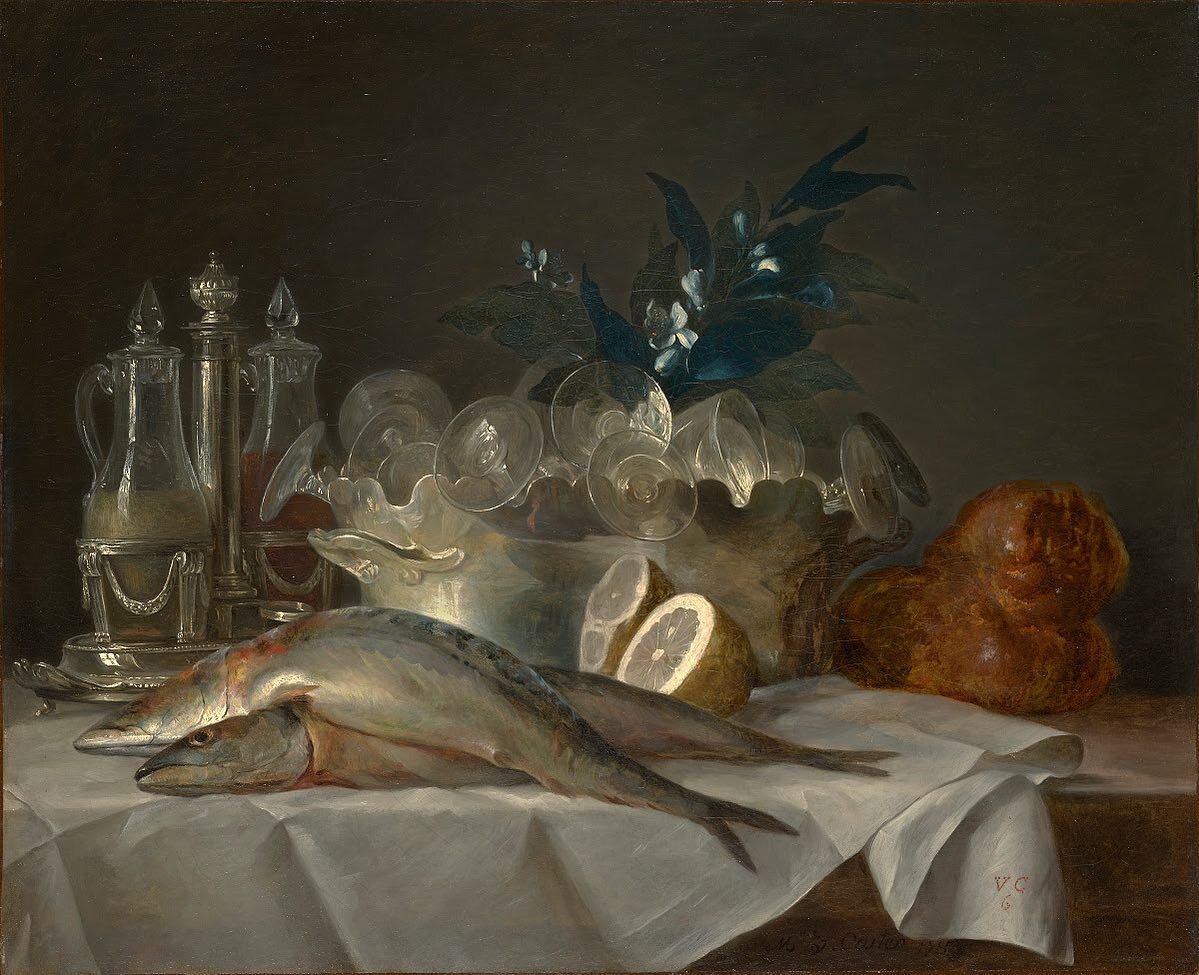 I love this Anne Vallayer-Coster painting, Still Life with Mackerel and painted in 1787. Featured in new Ep40 As Art As Vinegar. I&rsquo;m so inspired by this truly appetising scene with; the elegant cruet full of oil and vinegar, the fresh mackerel,