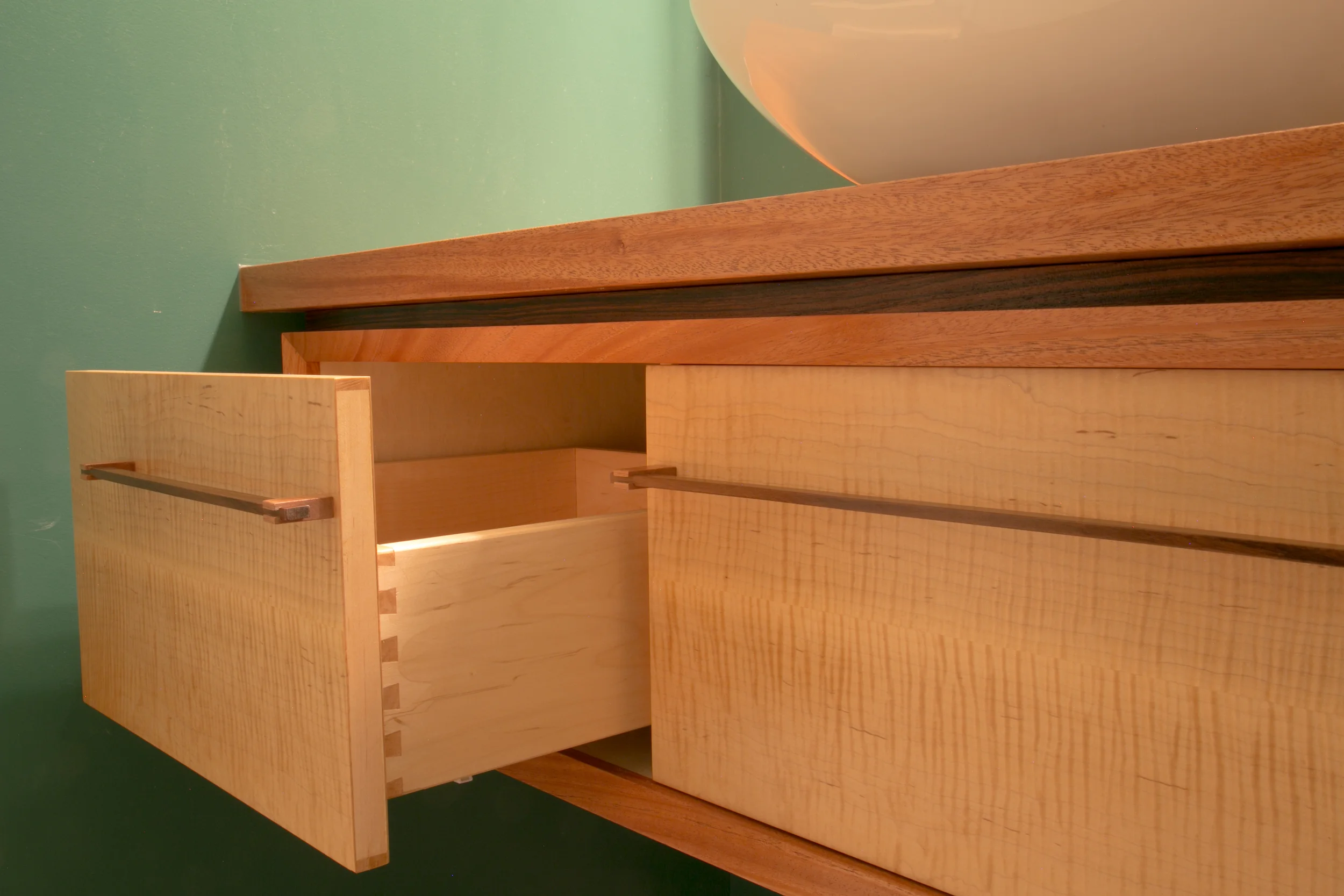 Dovetail drawer detail, custom drawer pulls