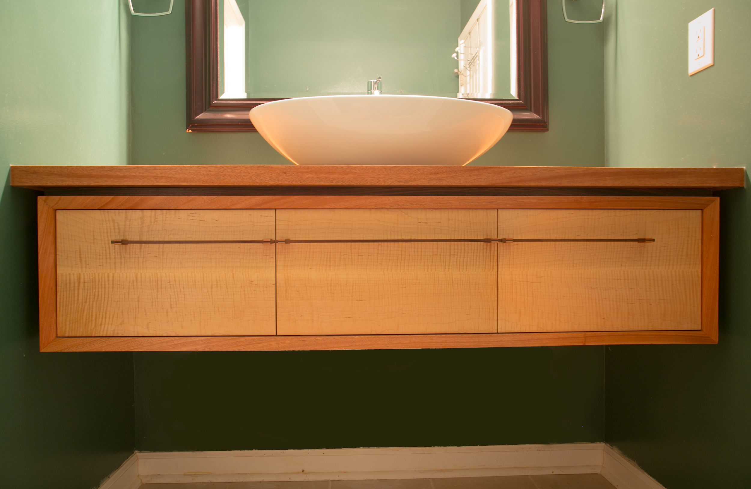 Modern floating bathroom vanity: Curly Maple, African Mahogany, Indian Rosewood