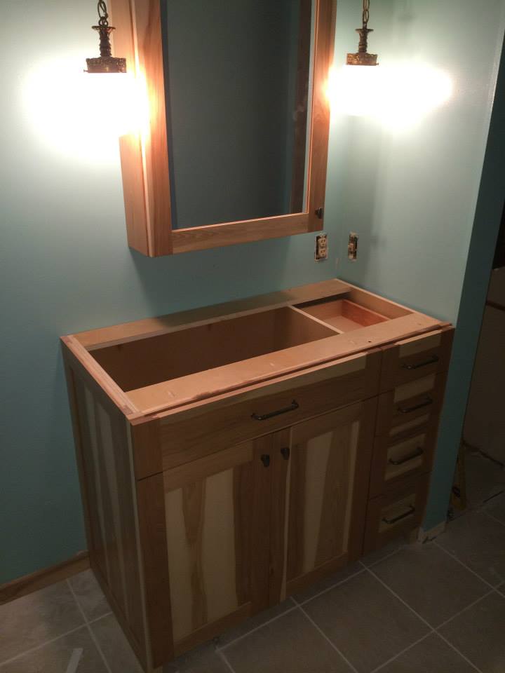Hickory bathroom vanity, with matching mirrored medicine cabinet