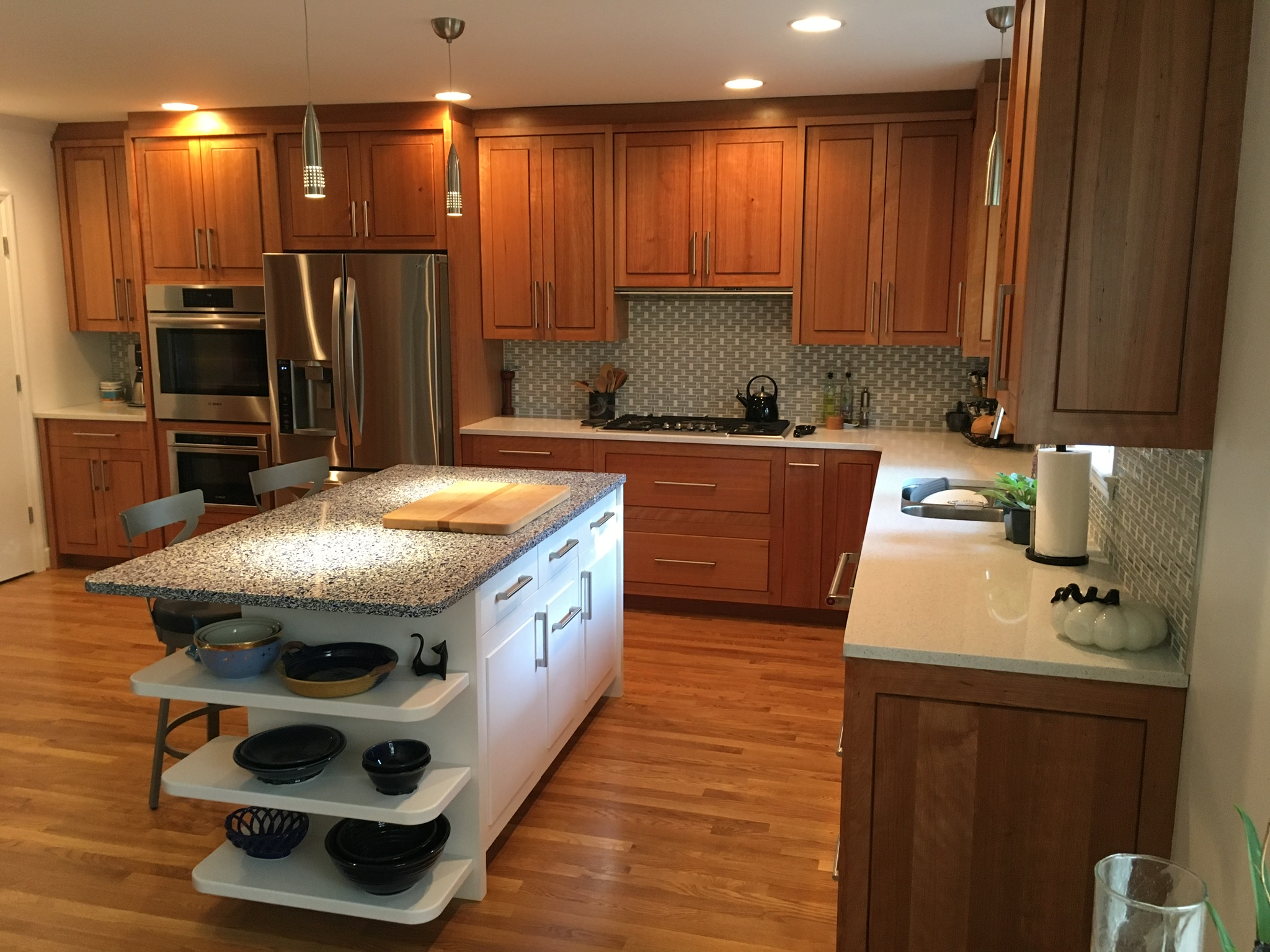 Full-height Kitchen Cabinets in Quartersawn Cherry, with Modern White-Finish Island