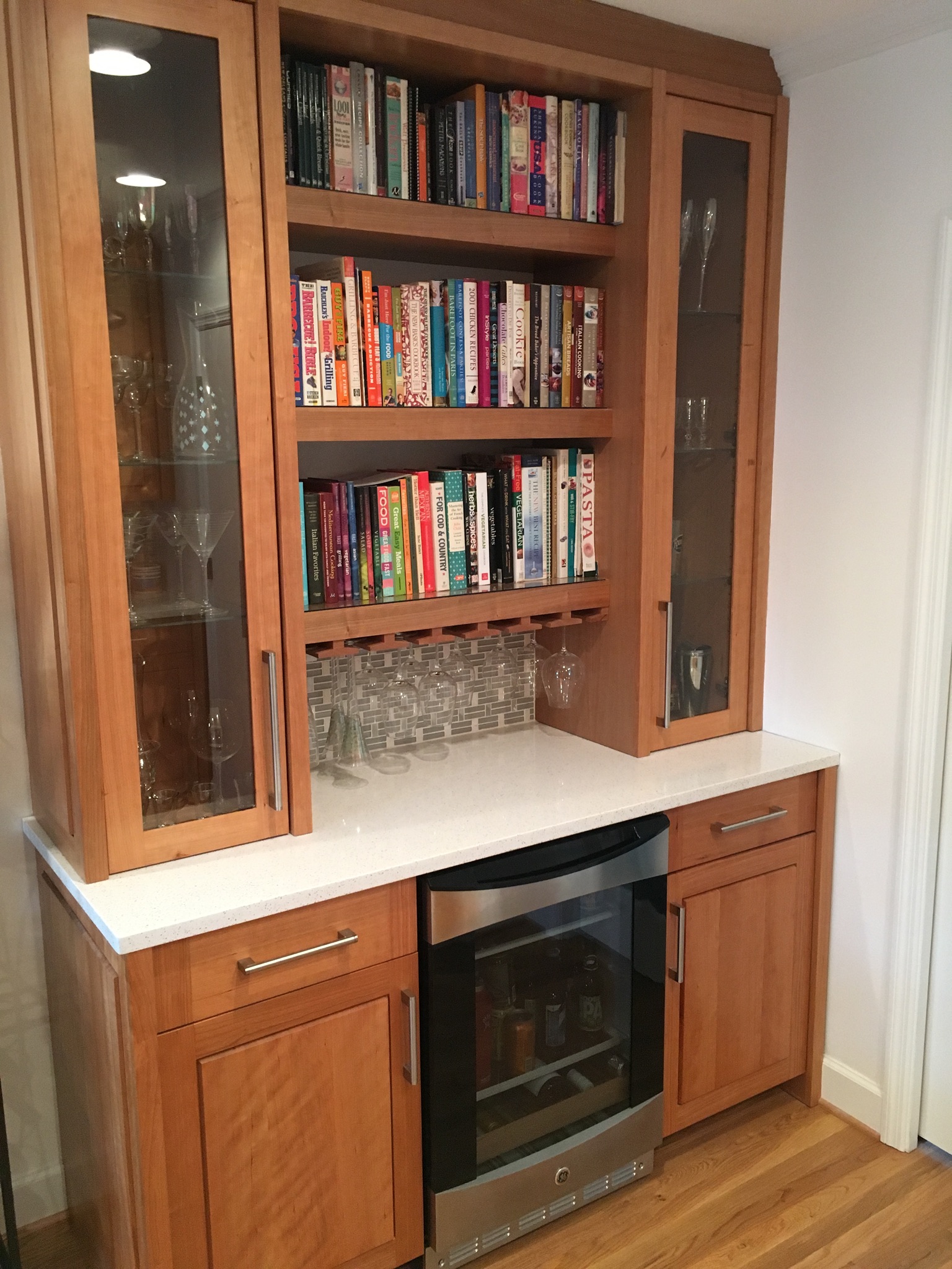 Drink Bar with Full-Height Glass Door Cabinets, Wine Glass Rack