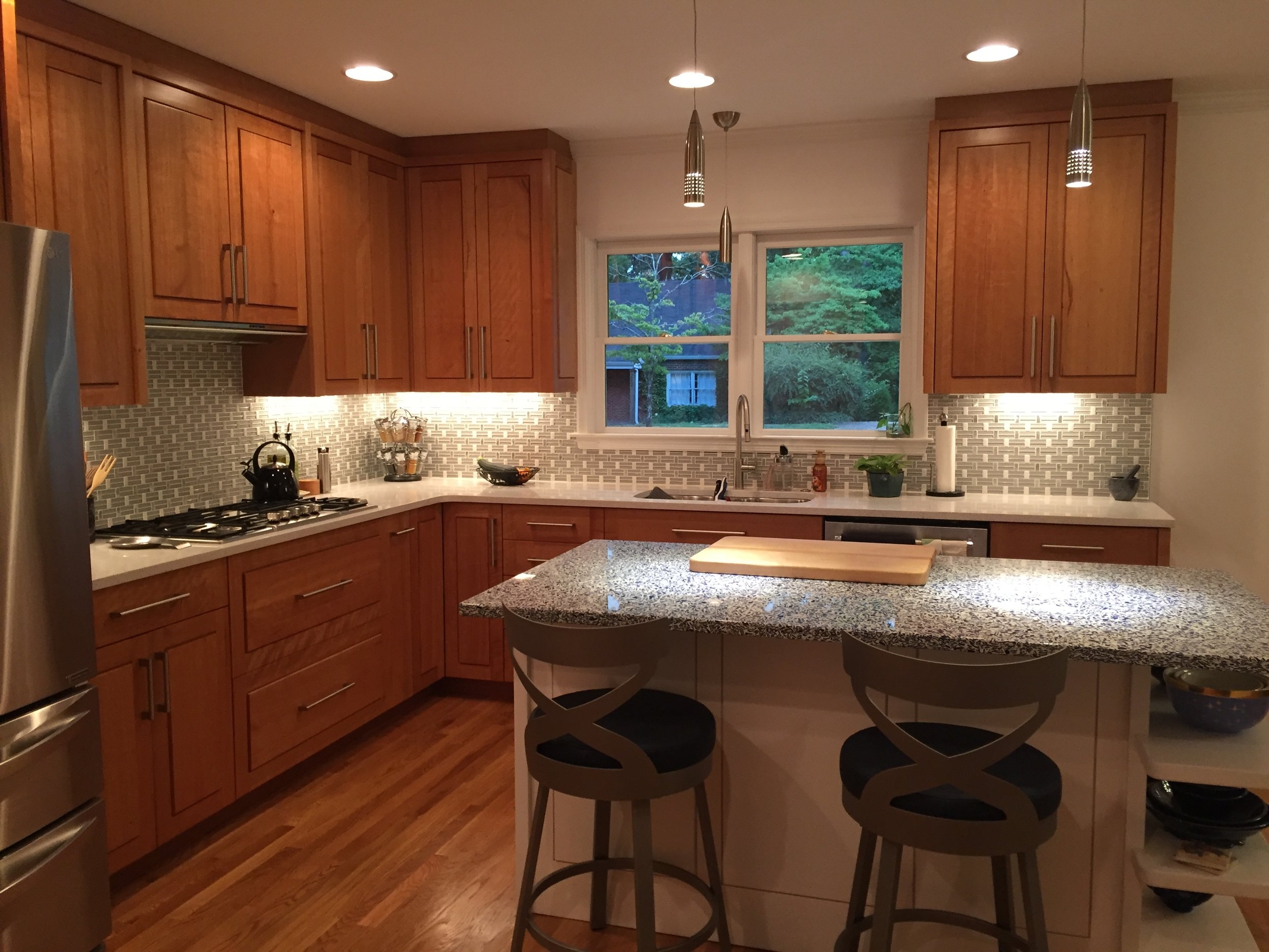 Custom Full-Height Kitchen Cabinets in Quartersawn Cherry, with Modern White Island