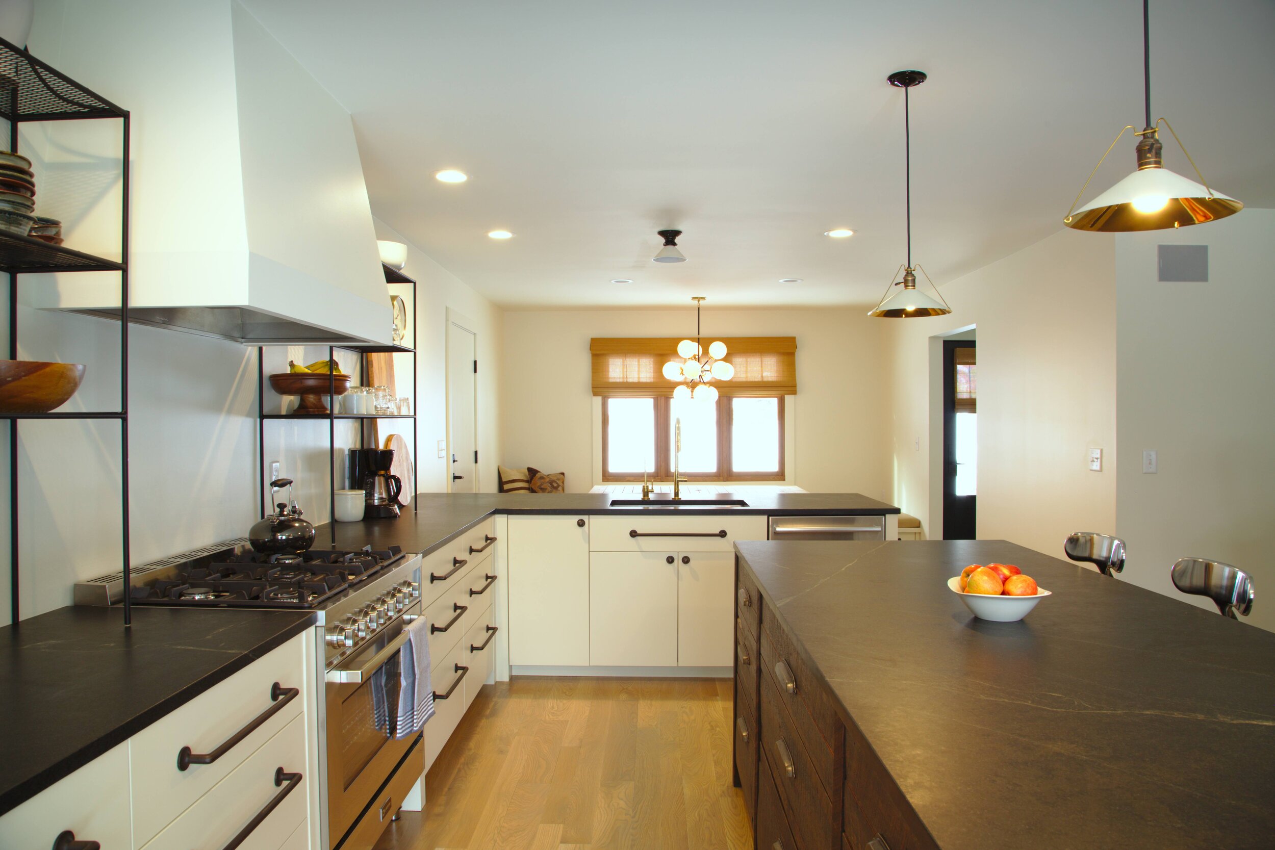 Modern White Kitchen, Dark Rustic Island