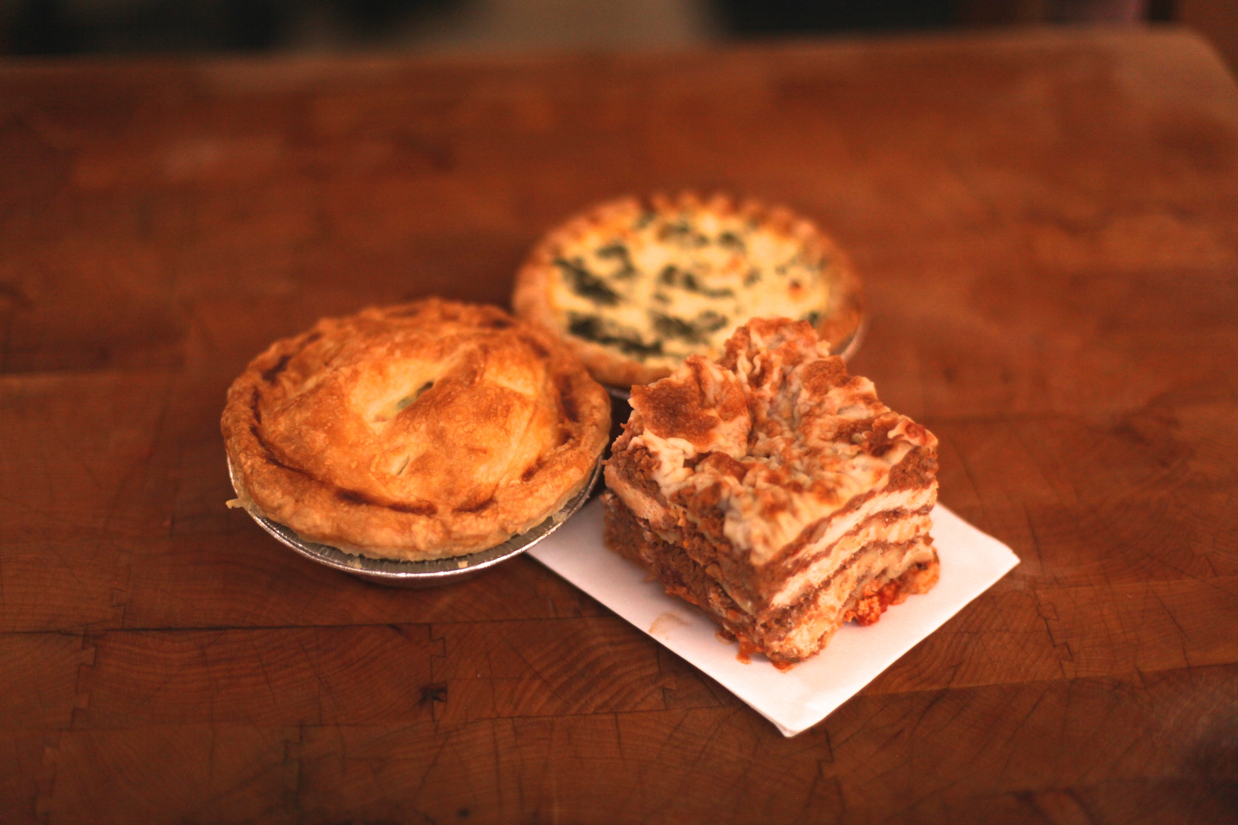 Lasagna, Spinach feta quiche, and Chicken Pot Pie