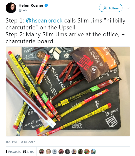 When @hseanbrock referred to Slim Jims as "hillbilly charcuterie", Slim Jim sent a hand-done charcuterie board, perfect for hosting fancy meat stick affairs.