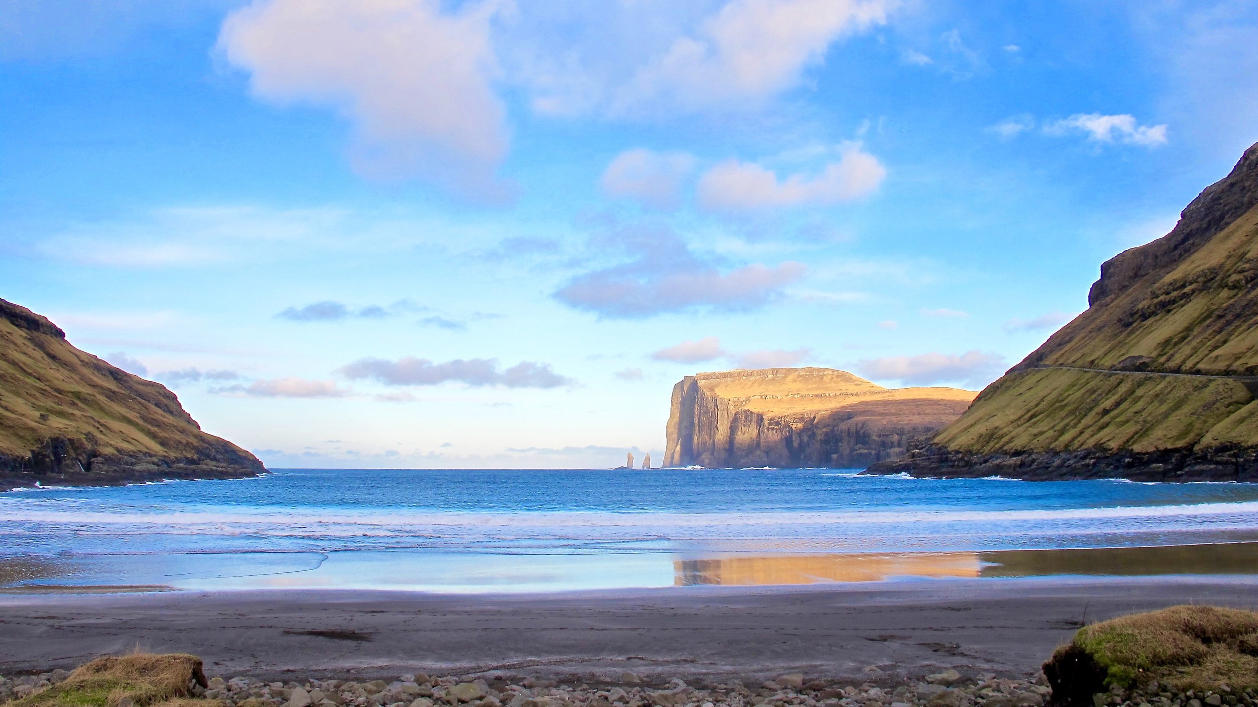 Tjørnuvík Beach View, Streymoy, with the two petrified secret agents on the horizon