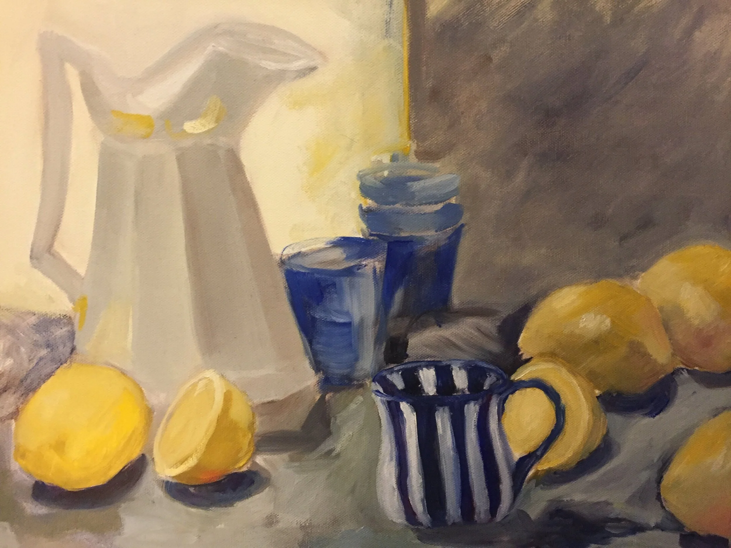The poem “Trompe L’oeil” by P. Prabhu (linked here) was inspired by LEMONS WITH BLUE CUPS by Jennifer Gaudioso –(See September 2021 Exhibition)