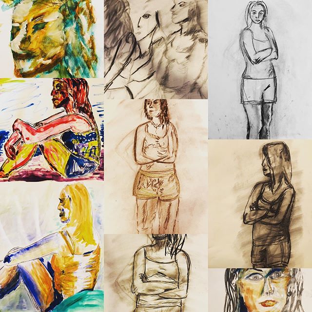 Gorgeous work by experimental artists at the first kick off of Figure Drawing Summer !!! @hannahdreyfus @sylphinthecity @hannahlouise141 @alyon4a @elishevs.m #figuredrawing #class #experiment #letloose #letgoandletgod #colors #charcoal #strength