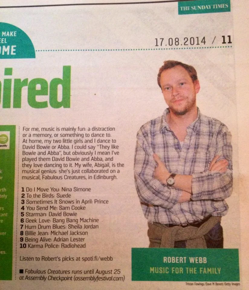 A feature with Robert Webb in The Sunday Times mentioning Fabulous Creatures