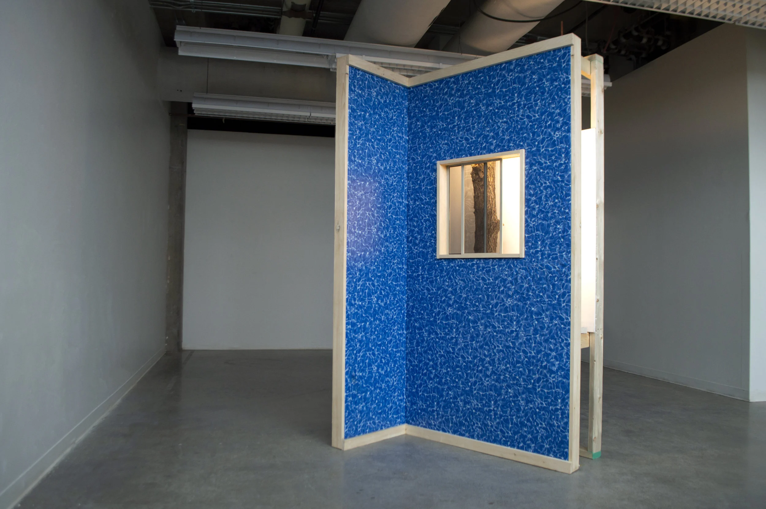 Seer 2018, Vinyl pool liner, pine, drywall, lights, metronome, radio alarm clocks, ash log, steel, window screens, lightning rod