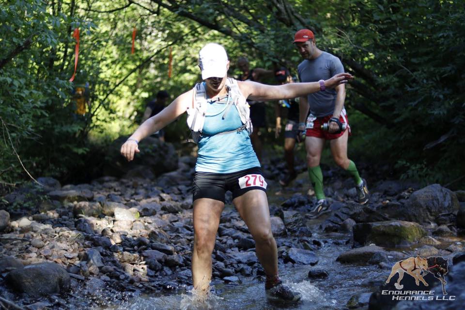 Splashing through one of the creek crossings early on in the race. Endurance Kennels photo.
