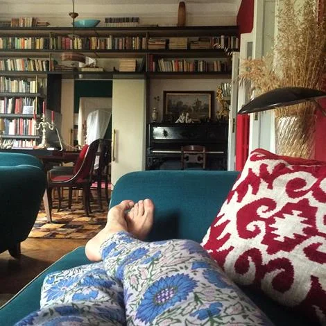 Our customer Luisa wearing Opaline pajamas on a sunday afternoon