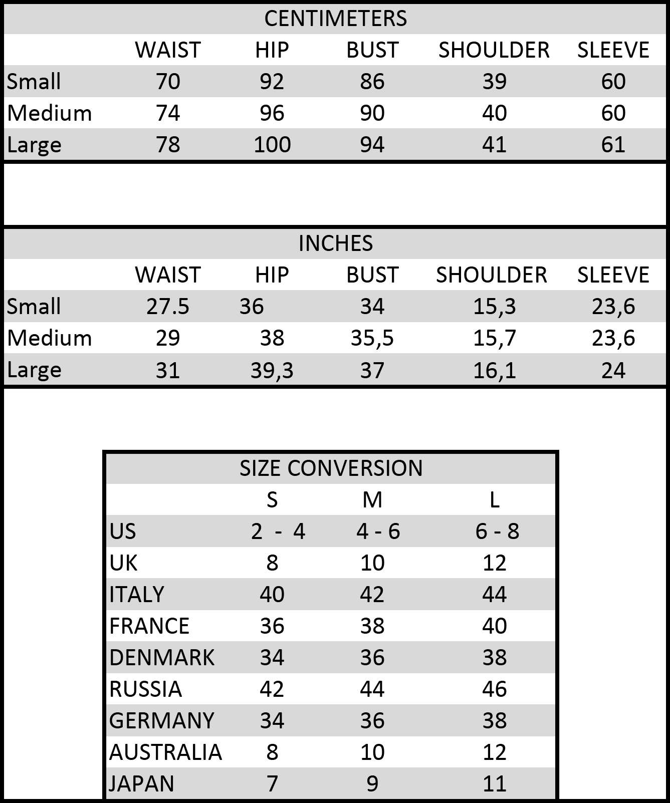Venezia Clothing Size Chart