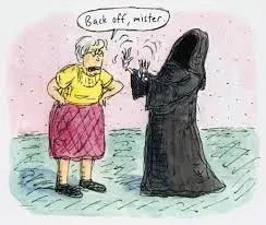 Ilustração de Roz Chast - sua mãe dizendo "sai daqui!" para a morte.