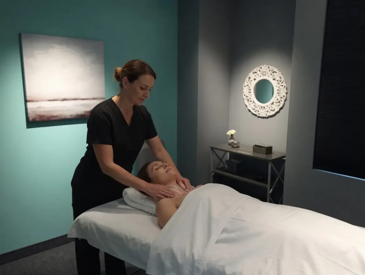 Licensed massage therapist wearing black scrubs performing gentle manual lymphatic drainage on a client’s neck and face for swelling reduction and post-surgical recovery at Massage Hope in Leesburg and Ashburn VA