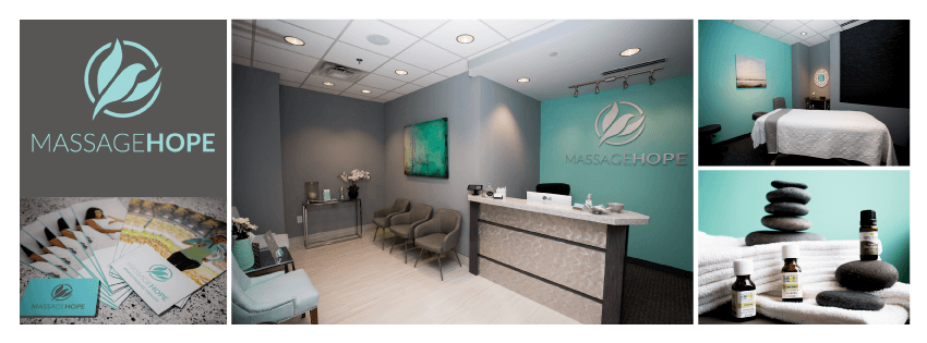 The welcoming reception area and front desk at Massage Hope therapeutic massage clinic in Leesburg, VA