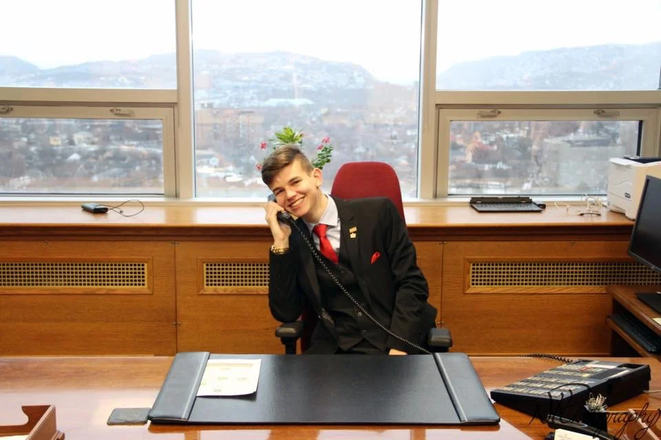 Nathan Corrigan plays the part of premier during a visit to Dwight Ball's office in Confederation Building.