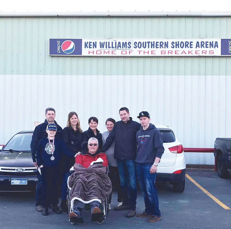  Ken Williams and family at the unveiling of the new sign for the Ken Williams Southern Shore Arena. From left to right are Gary Williams, Krista Williams, Diane Williams, Roxanne Corbett, Kenny Williams Jr., and Isaac Corbett. In front is Connor Williams and Kenny Williams Sr. 