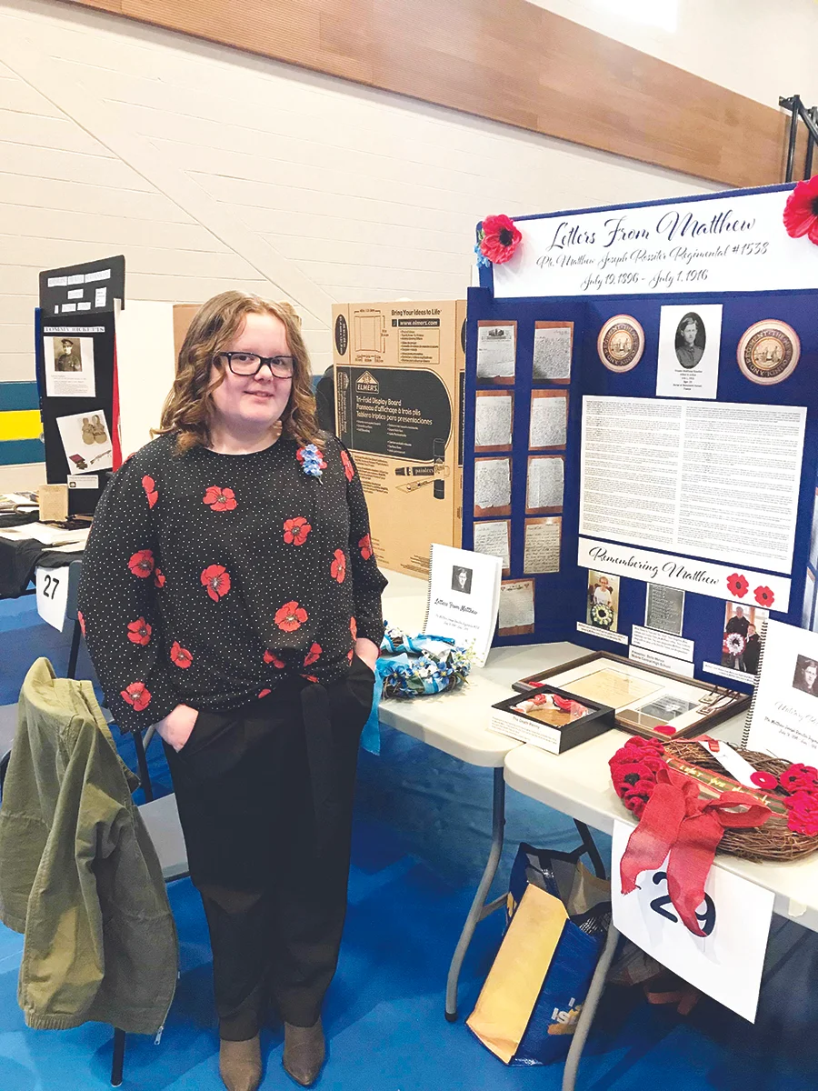  Grade 8 student Belle Melvin of Mobile Central High School with her Ambassador program project on her great-great uncle Matthew Rossiter, which was displayed at the Regional Heritage Fair at Brookside Intermediate on May 3rd.  Submitted photo 