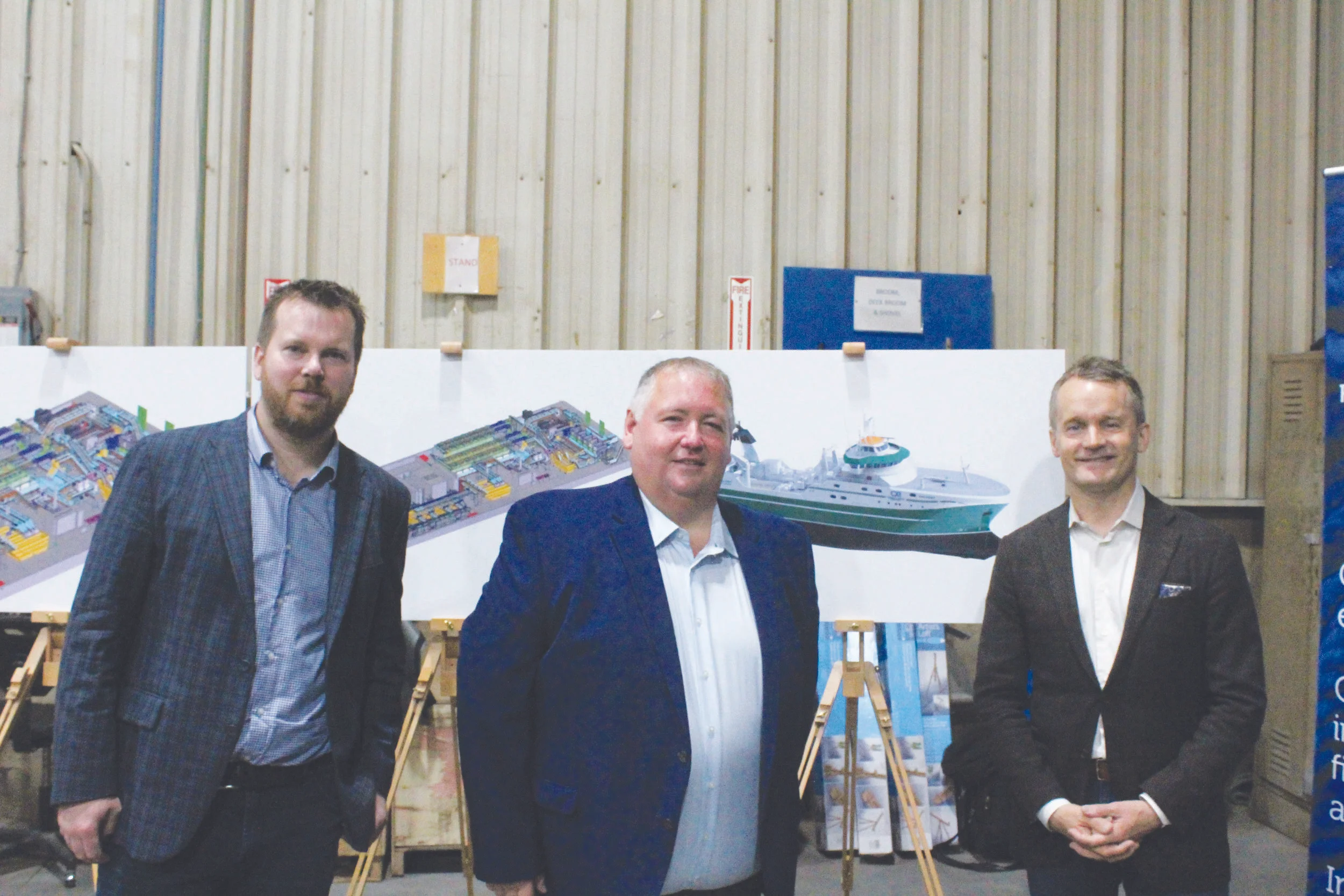  From left to right are Dennis Crane, operations manager for C&W Industrial Fabrication and Marine Equipment, Blaine Sullivan, OCI President, and Minister of Indigenous Services Seamus O'Regan.   Mark Squibb photo 