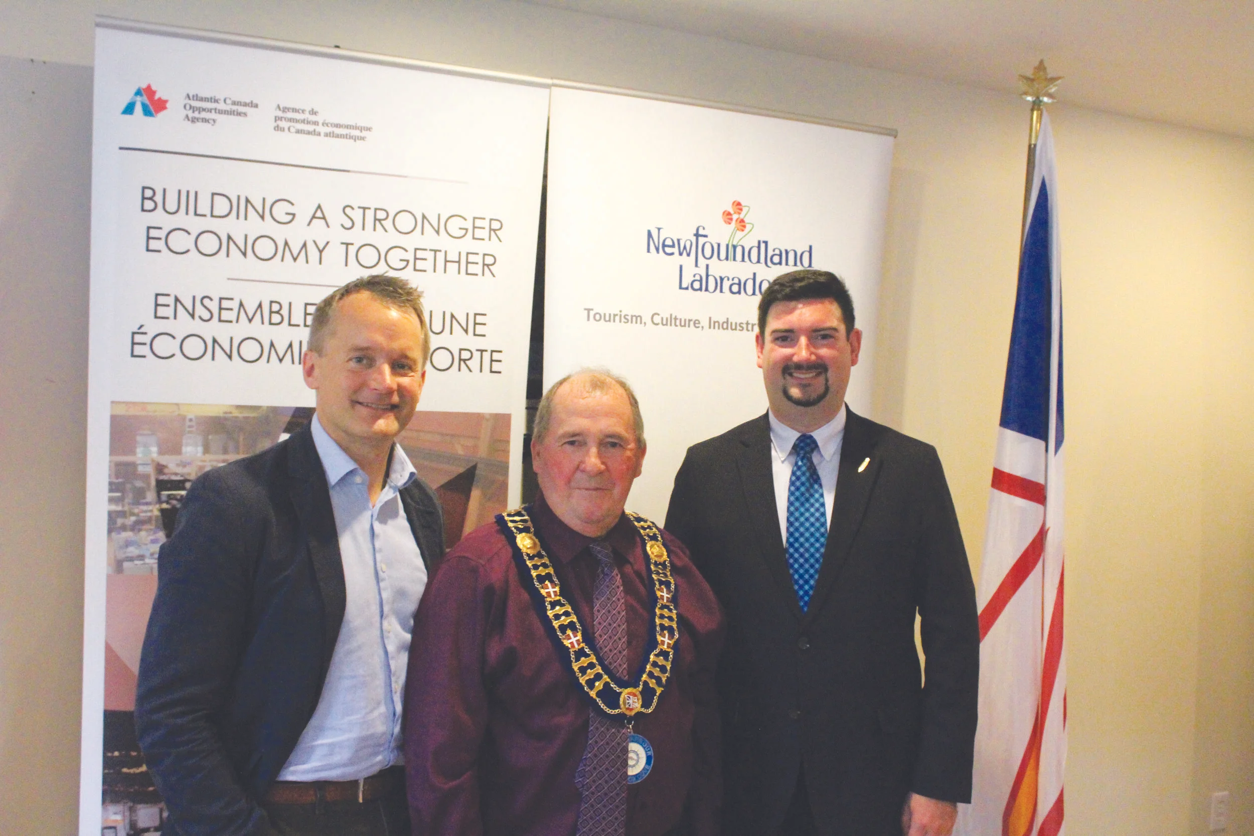 From left to right are St. John's South — Mount Pearl MP Seamus O’ Regan, Town of Petty Harbour—Maddox Cove Mayor Samuel Lee, and Minister of Business, Tourism, Culture and Rural Development Christopher Mitchelmore. Mark Squibb photo