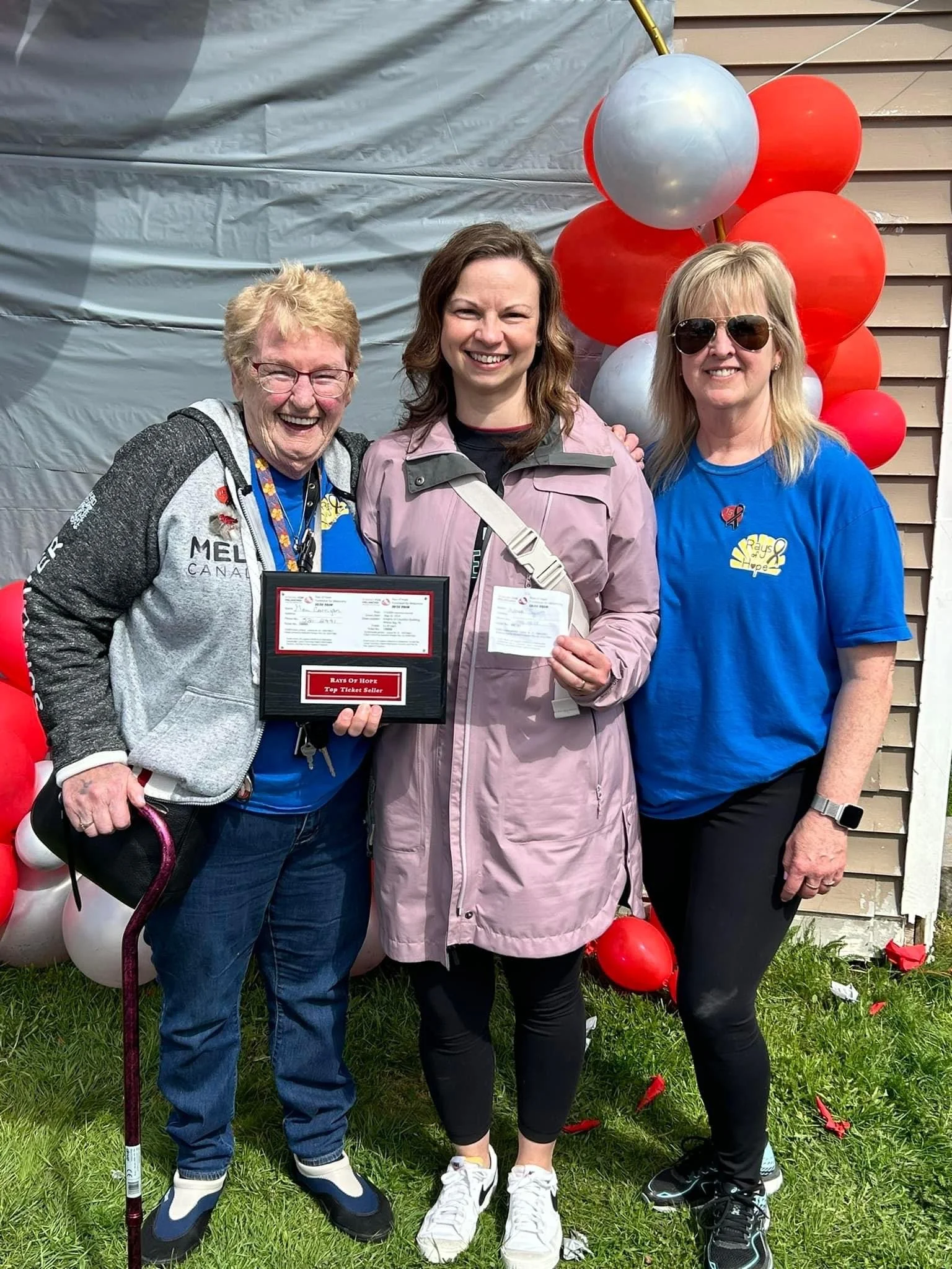  Bev Corrigan (right) hosted her fifth and final Strides for Melanoma fundraiser walk this past weekend along the Old Witless Bay Line. Pictured with Corrigan are Gen Corrigan, left, winner of the Landells Clinic skincare package valued at $415, and Wanda Squires, centre, winner of the $10,000 ticket draw. The event raised $16,737 for Melanoma Canada. All told, folks across Canada have raised $111,300 through 2024 Strides for Melanoma events. Submitted photo 